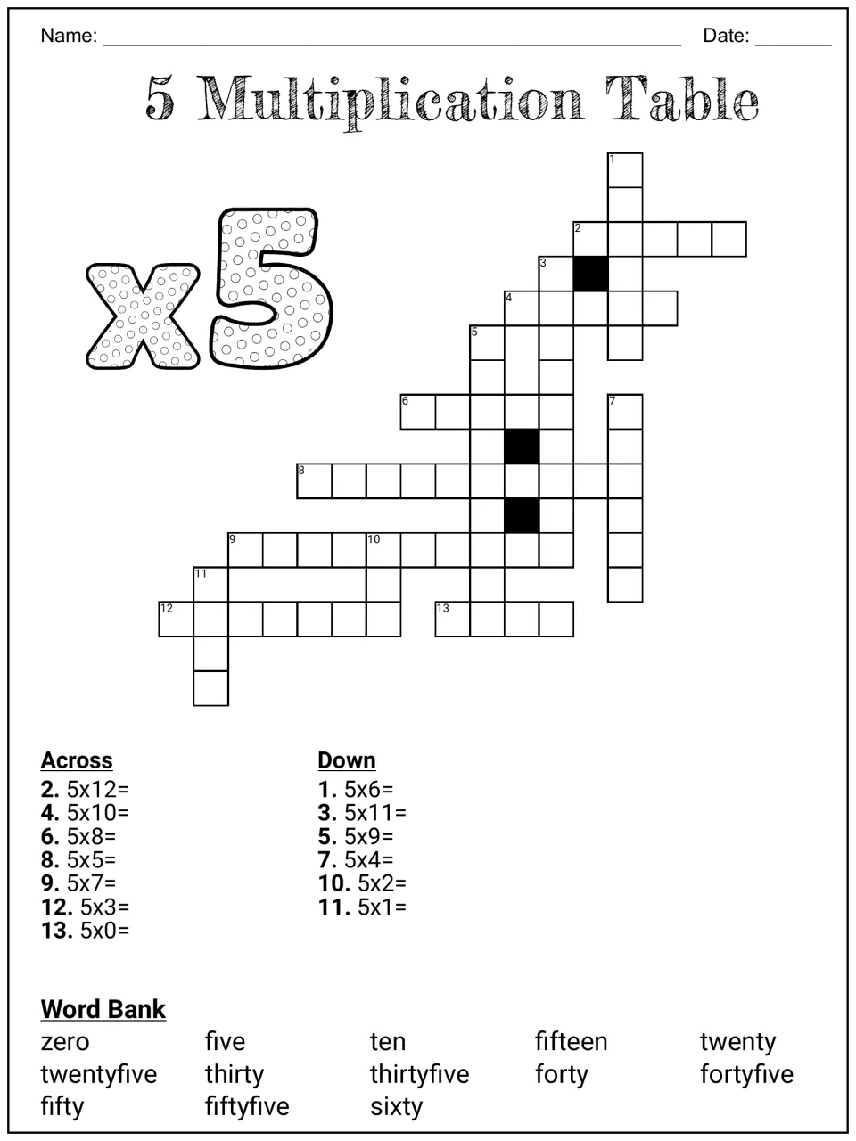 5 Multiplication Table crossword: students solve 5x0 to 5x12 clues and spell each product in words from a word bank