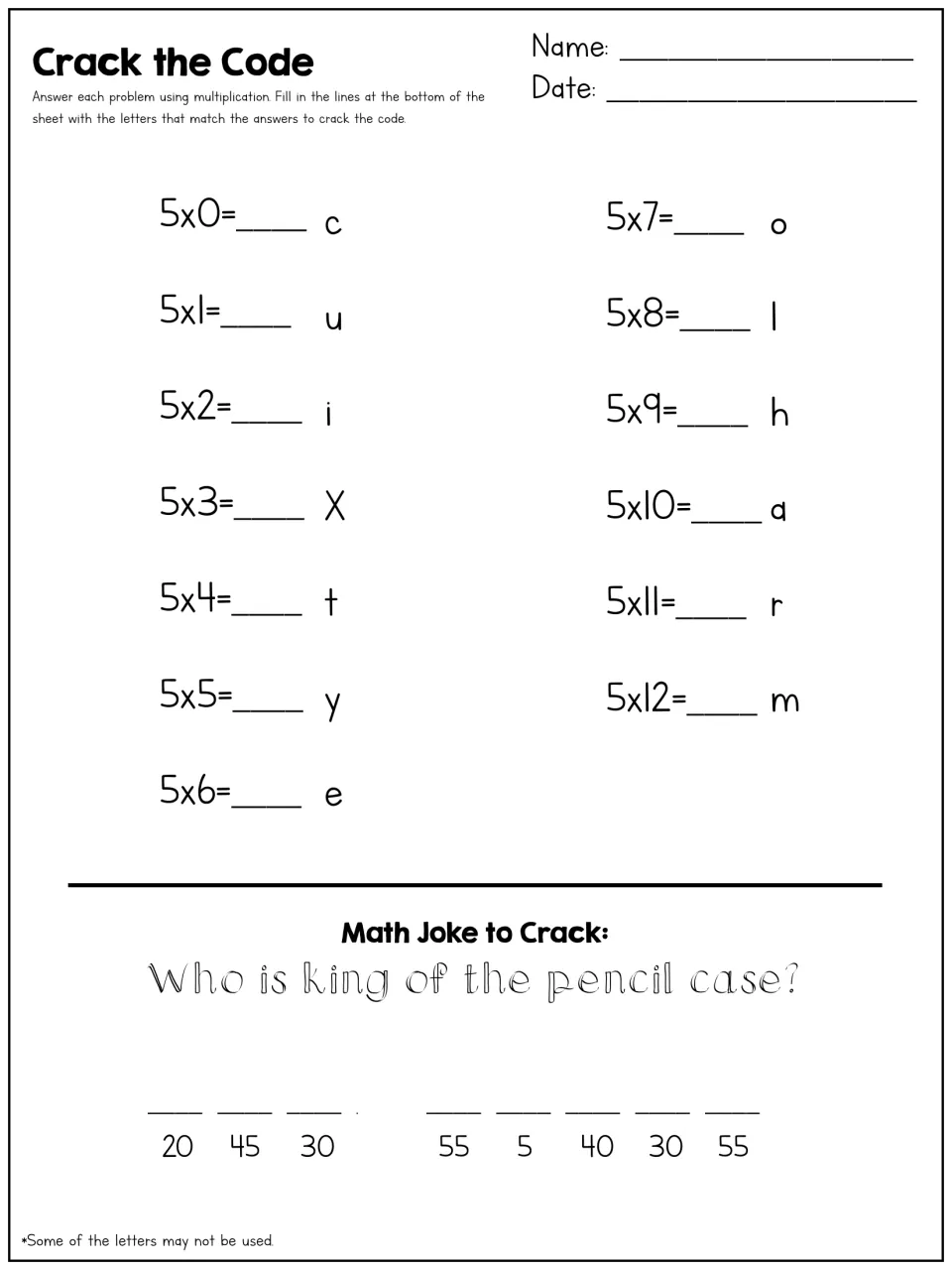 Crack the Code: students solve 5x0 to 5x12, then match products to letters to answer a pencil case math joke