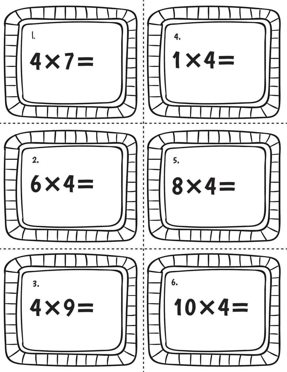 Fours facts task cards 1-6: students cut apart the cards and solve 4×7, 1×4, 6×4, 8×4, 4×9 and 10×4 to recall products