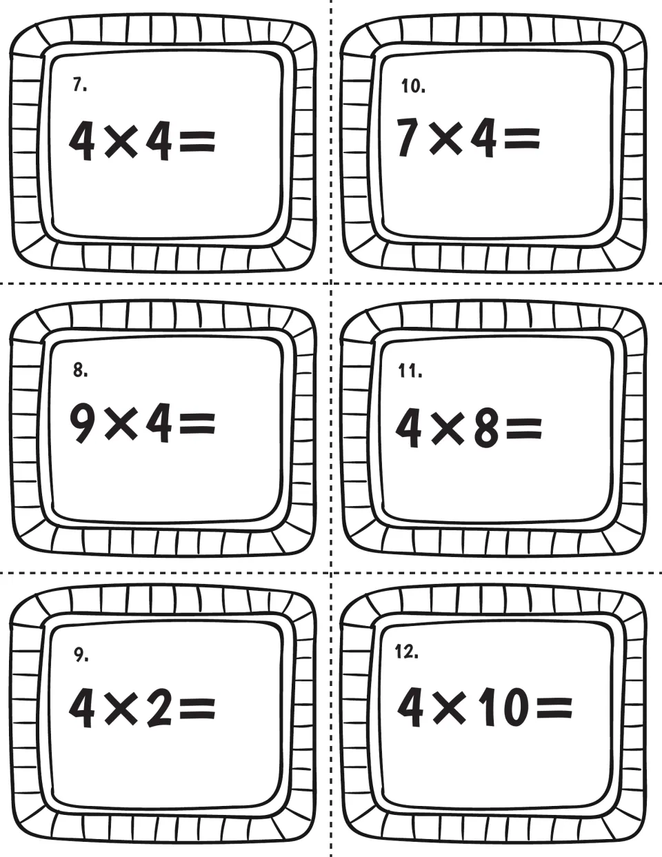 Multiplying by 4, cards 7-12: students find the products of 4×4, 9×4, 4×2, 7×4, 4×8 and 4×10 as fact-fluency practice