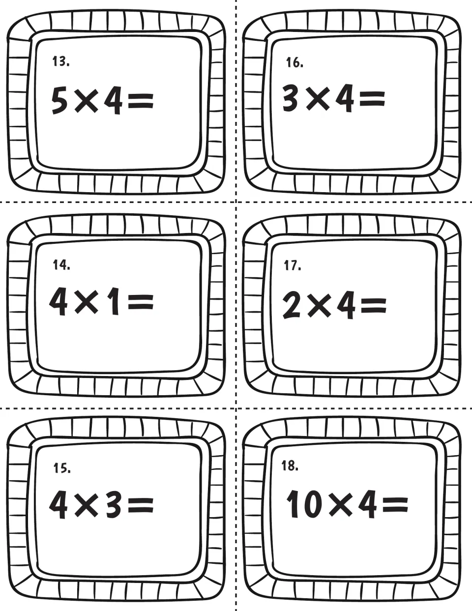 Times-4 task cards 13-18: students solve 5×4, 4×1, 4×3, 3×4, 2×4 and 10×4, practising facts in both factor orders