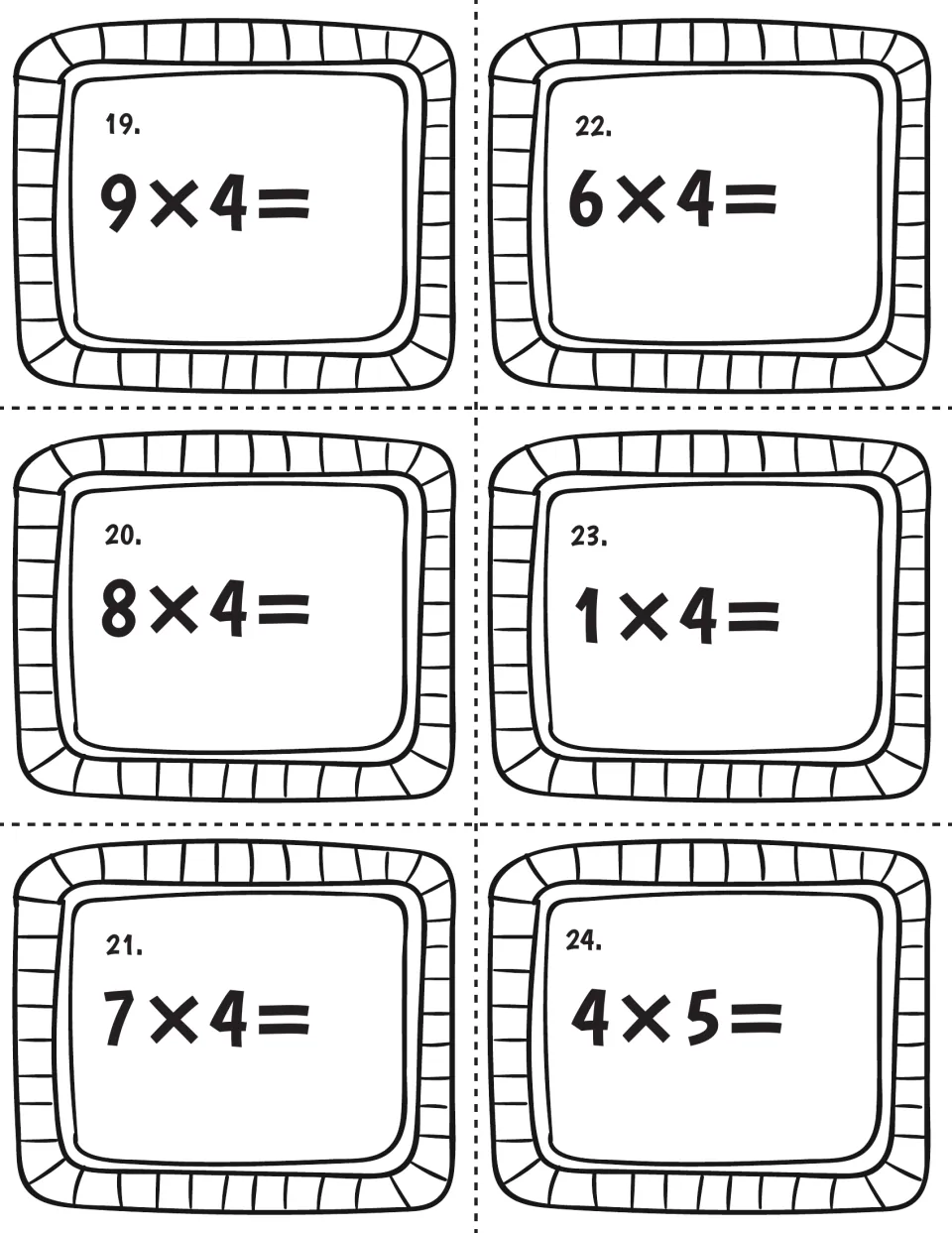 Fours facts, cards 19-24: students write the product for 9×4, 8×4, 7×4, 6×4, 1×4 and 4×5 to practise fact recall