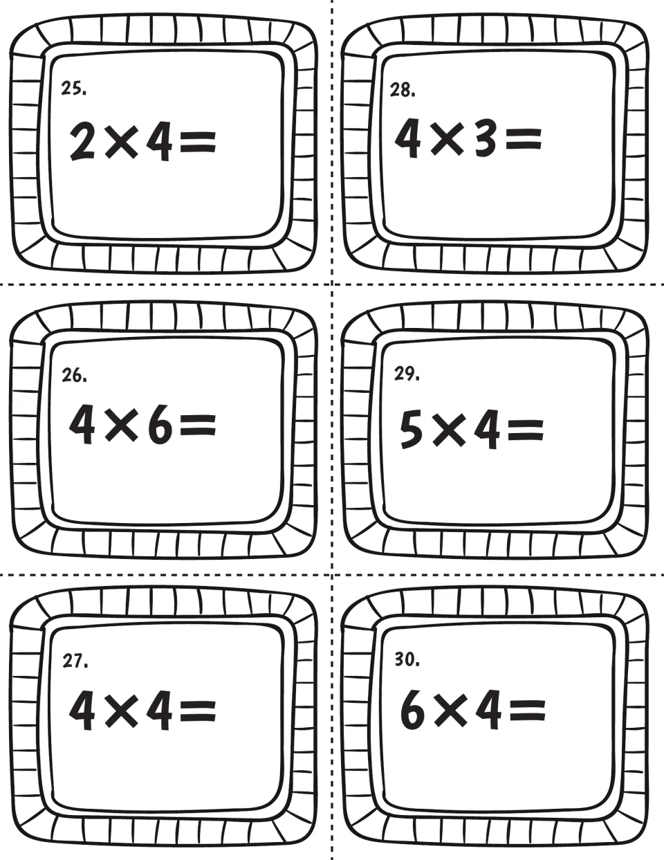 Multiply by 4 cards 25-30: students answer 2×4, 4×6, 4×4, 4×3, 5×4 and 6×4, building recall of facts with a factor of 4