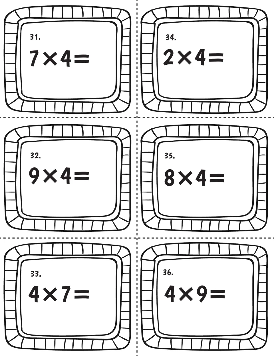 Fours task cards 31-36: students solve 7×4, 9×4, 4×7, 2×4, 8×4 and 4×9, pairing turnaround facts like 7×4 and 4×7
