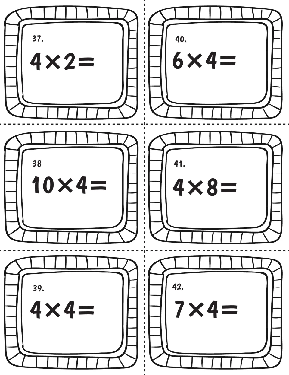 Multiplying by four, cards 37-42: students find the answers to 4×2, 10×4, 4×4, 6×4, 4×8 and 7×4 for fact fluency
