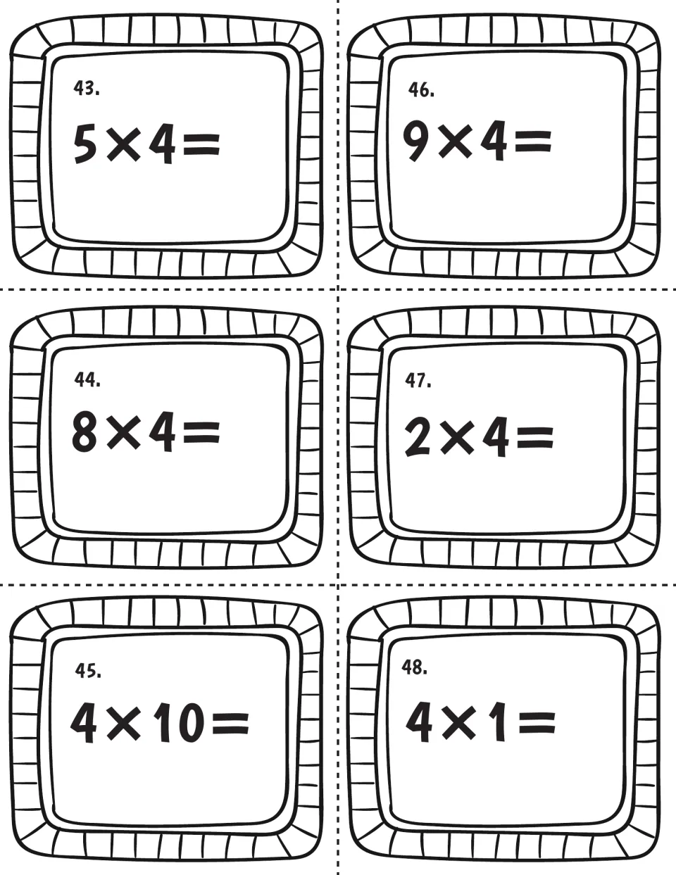 Times-four facts, cards 43-48: students multiply 5×4, 8×4, 4×10, 9×4, 2×4 and 4×1 and record each product