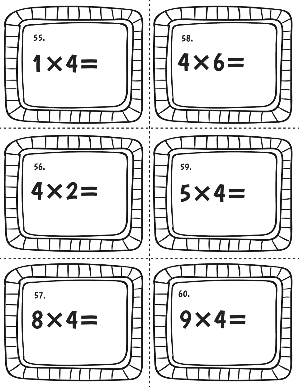 Multiply by 4, final cards 55-60: students give the products of 1×4, 4×2, 8×4, 4×6, 5×4 and 9×4 to finish the set