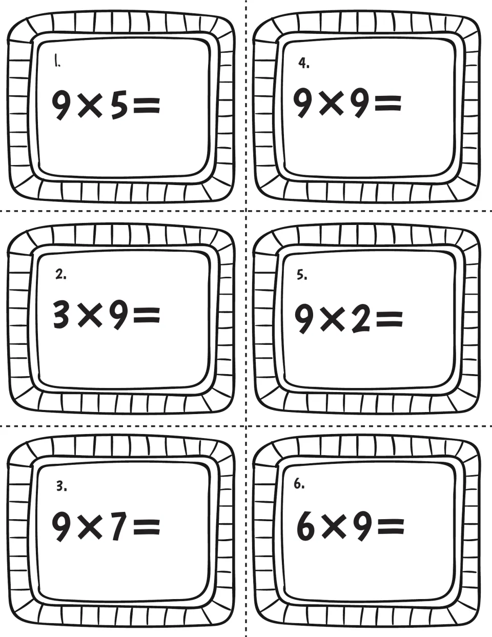 Multiplying by 9, cards 1 to 6: students find the products of 9x5, 9x9, 3x9, 9x2, 9x7 and 6x9 to recall nines facts