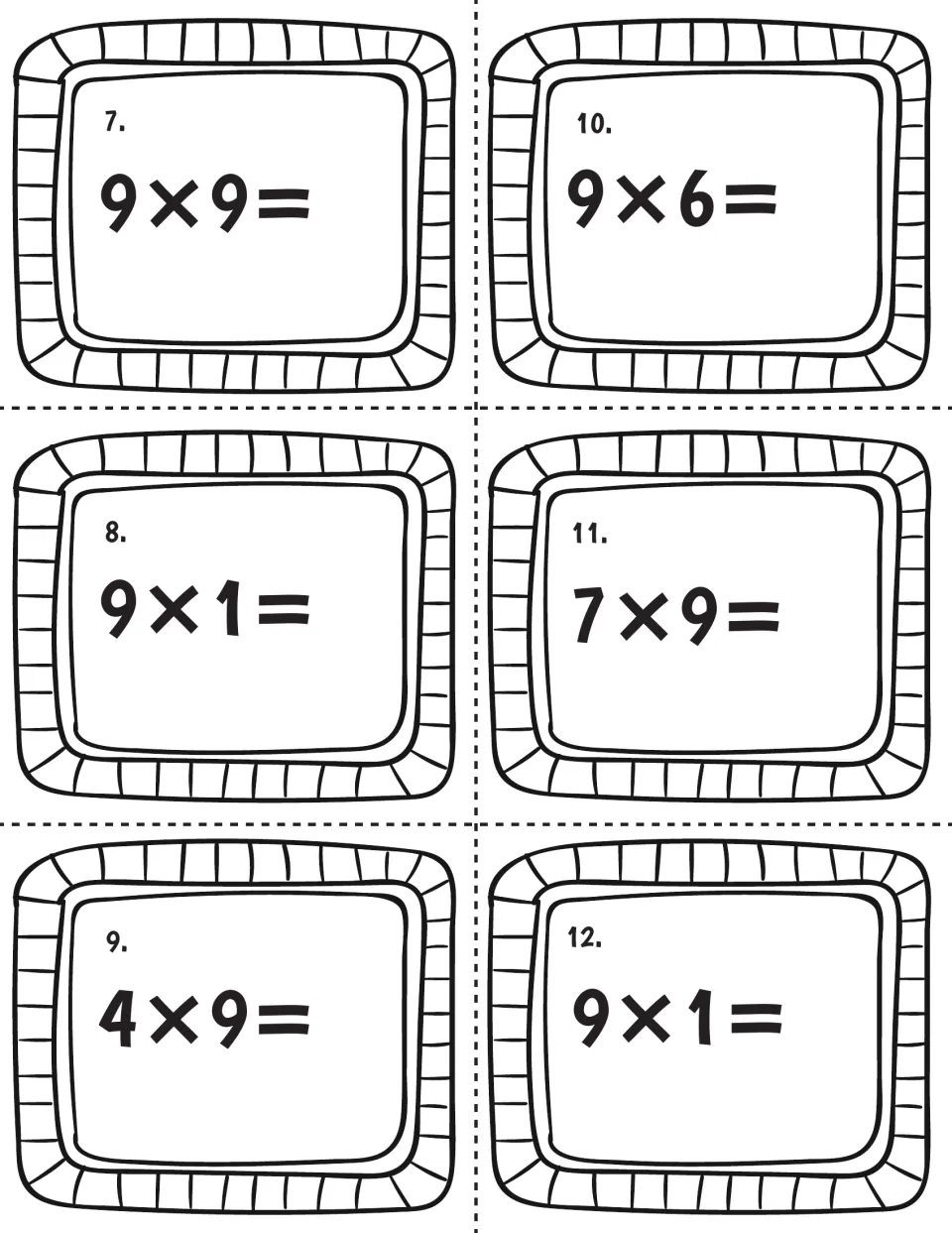 Nines facts, cards 7 to 12: students solve 9x9, 9x1, 4x9, 9x6, 7x9 and 9x1, practising multiplication by nine