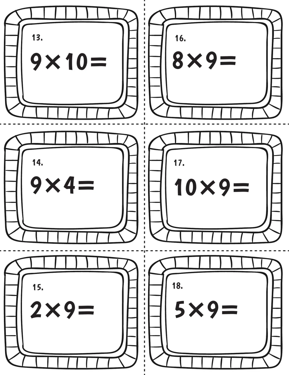 Times-nine facts, cards 13 to 18: students work out 9x10, 9x4, 2x9, 8x9, 10x9 and 5x9, including the x10 facts