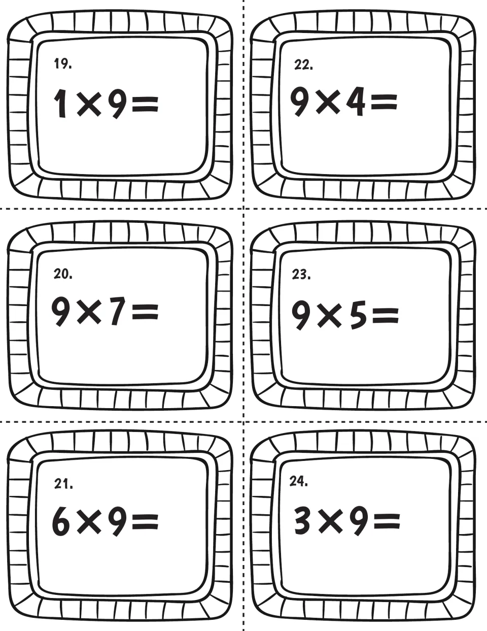 Multiplication by nine, cards 19 to 24: students answer 1x9, 9x7, 6x9, 9x4, 9x5 and 3x9 for fact fluency practice