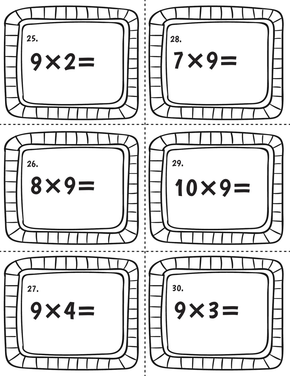 Nines multiplication facts, cards 25 to 30: students compute 9x2, 8x9, 9x4, 7x9, 10x9 and 9x3 and record each answer