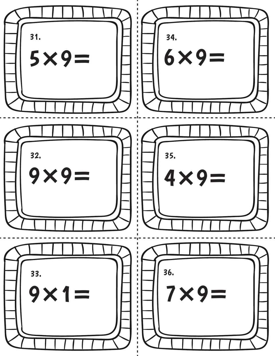 Facts with a factor of 9, cards 31 to 36: students solve 5x9, 9x9, 9x1, 6x9, 4x9 and 7x9 using either factor order
