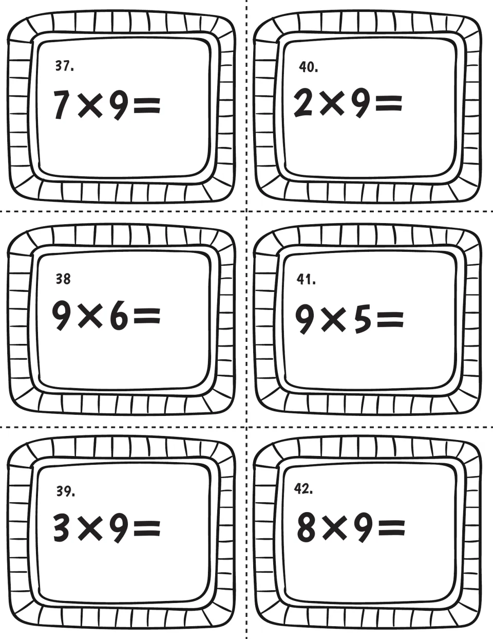 Nine times table, cards 37 to 42: students give the products of 7x9, 9x6, 3x9, 2x9, 9x5 and 8x9 to build fact recall