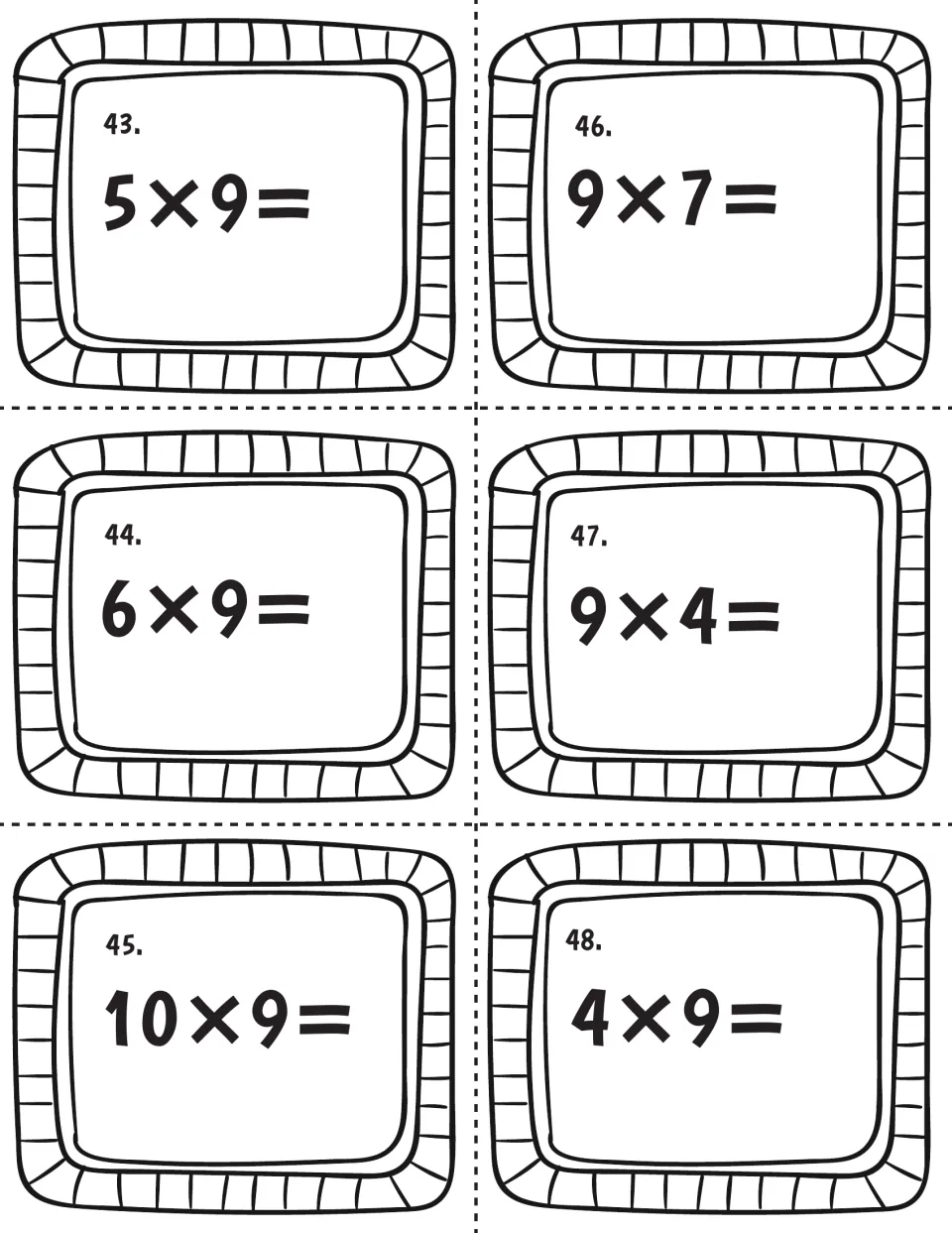 Multiplying with nines, cards 43 to 48: students find 5x9, 6x9, 10x9, 9x7, 9x4 and 4x9, comparing the turned-around facts