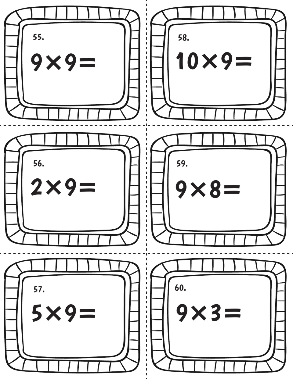 Final nines cards, 55 to 60: students solve 9x9, 2x9, 5x9, 10x9, 9x8 and 9x3 to finish the set of multiplication facts