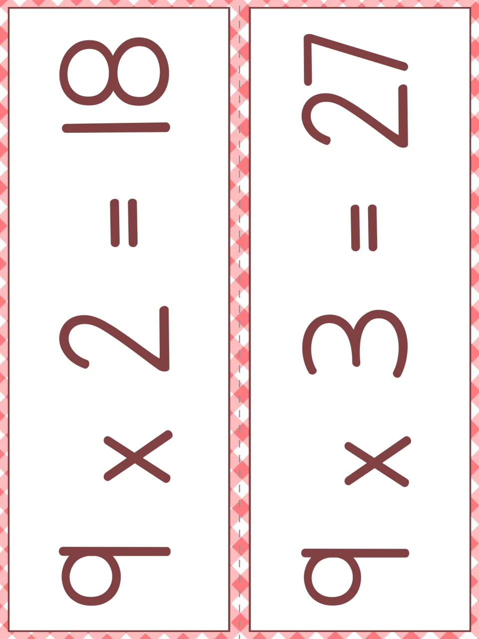 Nines fact strips showing 9 x 2 = 18 and 9 x 3 = 27 in large print, split by a dashed cutting line
