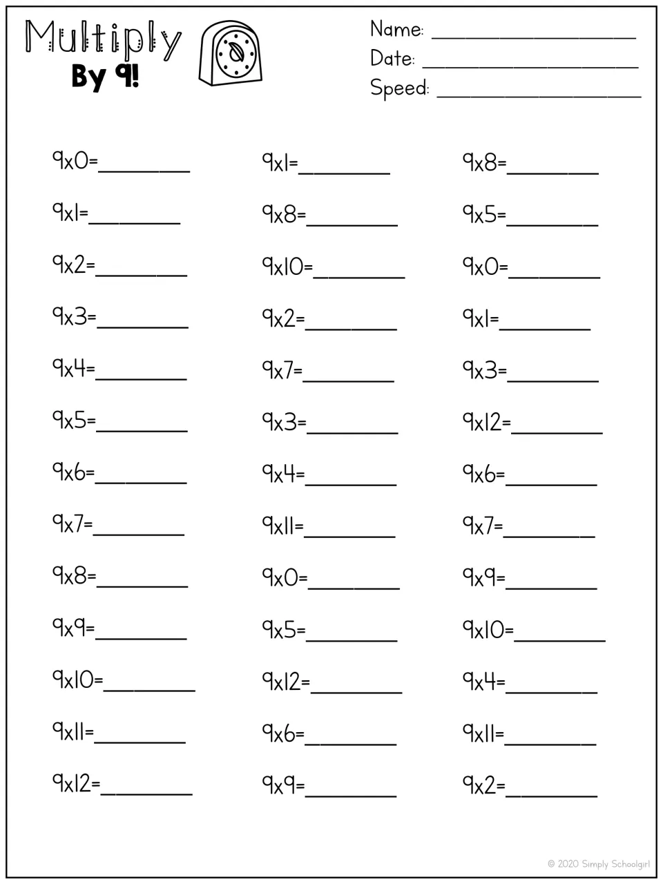 Multiply By 9! timed drill: students solve 39 nines facts, 9x0 to 9x12 in order then mixed, and record their speed