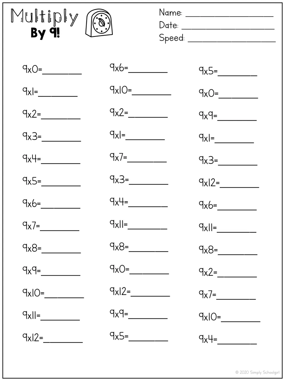 Multiply By 9! speed drill, second version: 9x0 to 9x12 in order, then two columns of nines facts in a new mixed order