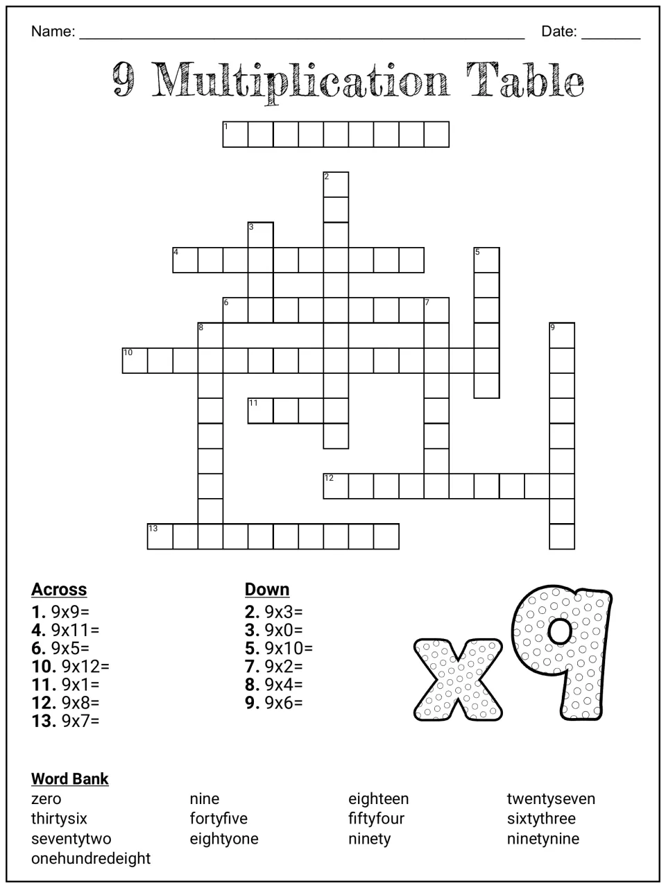 9 Multiplication Table crossword: students solve nines facts as clues and spell each product in words from a word bank