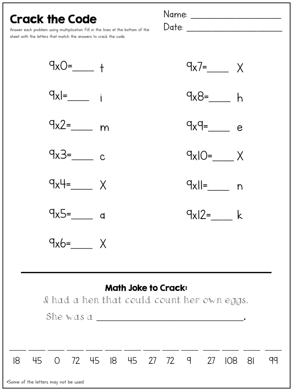Crack the Code: students solve 9x0 to 9x12, match each product to a letter and decode the answer to a hen math joke
