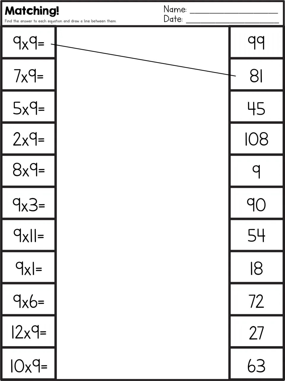 Matching!: students draw lines from 11 nines facts such as 7x9 and 12x9 to their products; 9x9 to 81 is shown as a model