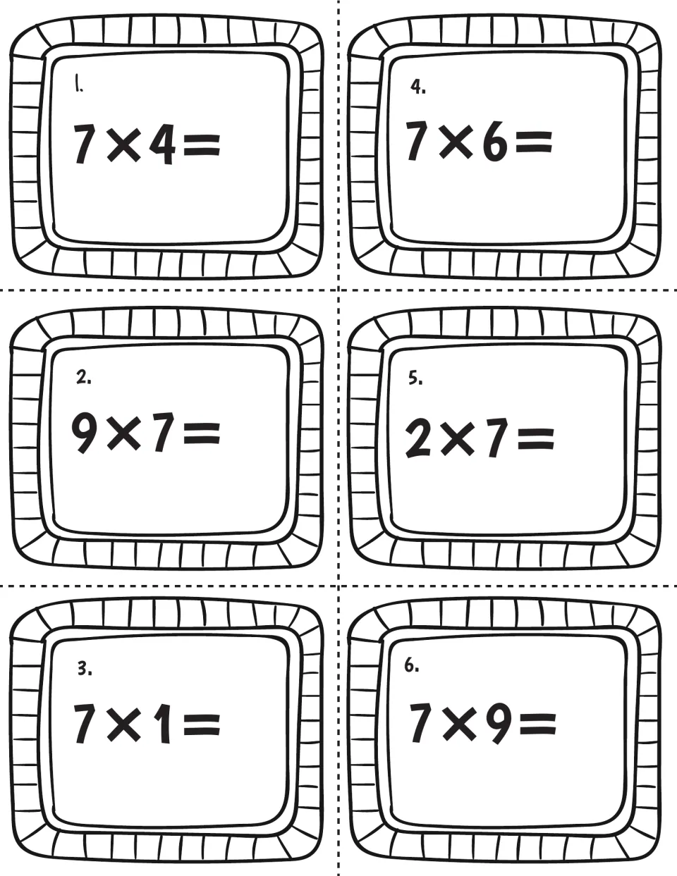 Times-seven task cards 1 to 6: students solve 7×4, 9×7, 7×1, 7×6, 2×7 and 7×9 to practise multiplying by seven