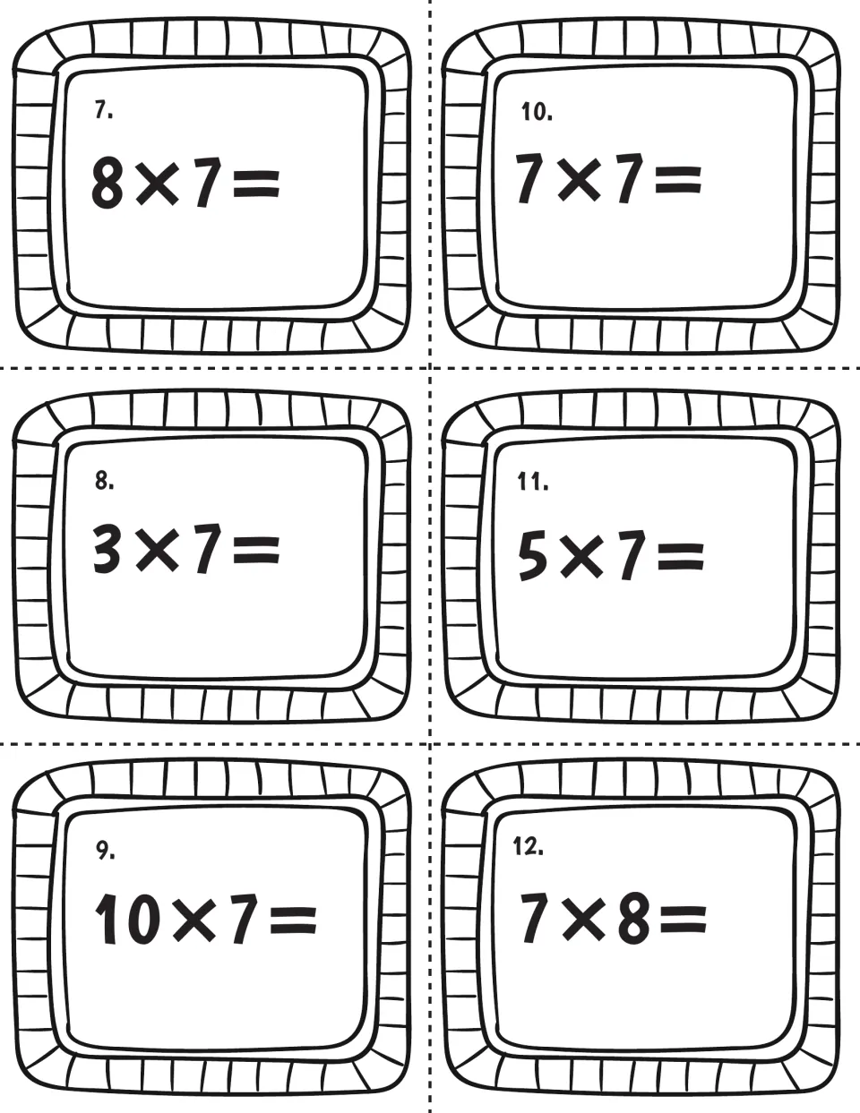 Multiplying by 7, cards 7 to 12: students find the products of 8×7, 3×7, 10×7, 7×7, 5×7 and 7×8