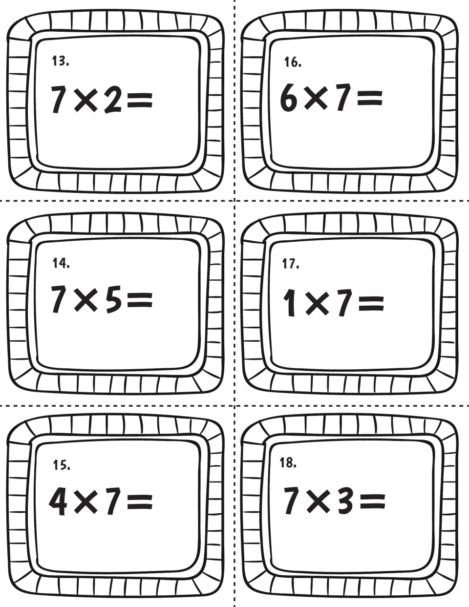 Sevens multiplication facts on cards 13 to 18: students answer 7×2, 7×5, 4×7, 6×7, 1×7 and 7×3
