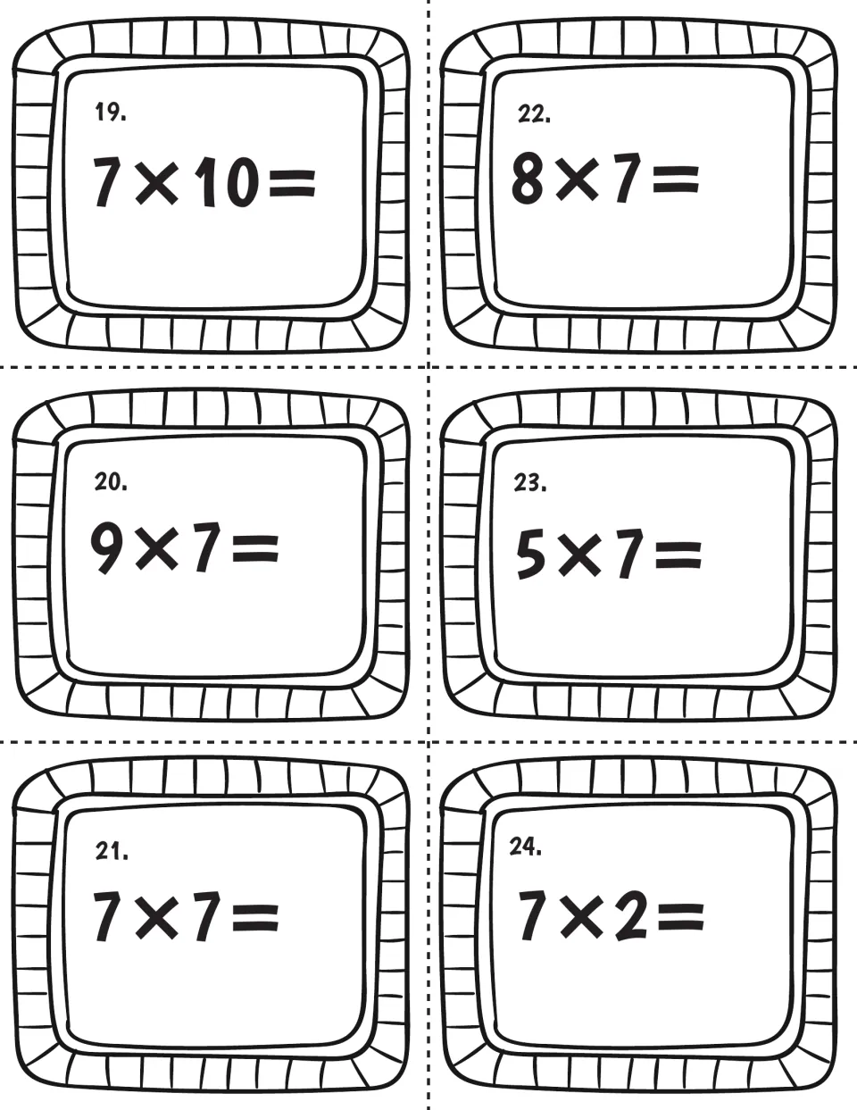 Task cards 19 to 24 on the 7 times table: students solve 7×10, 9×7, 7×7, 8×7, 5×7 and 7×2 for fact fluency