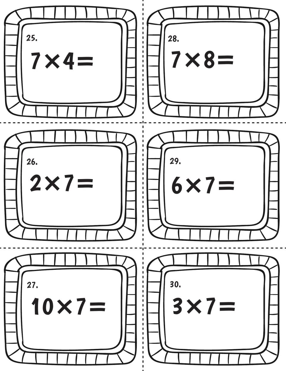 Facts of seven, cards 25 to 30: students multiply 7×4, 2×7, 10×7, 7×8, 6×7 and 3×7, writing each product