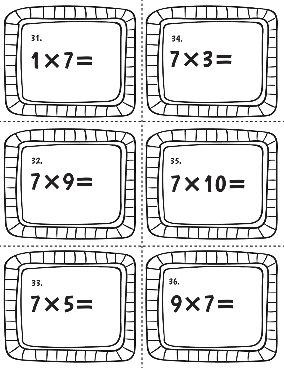 Cards 31 to 36 practising multiplication by 7: students solve 1×7, 7×9, 7×5, 7×3, 7×10 and 9×7 from memory