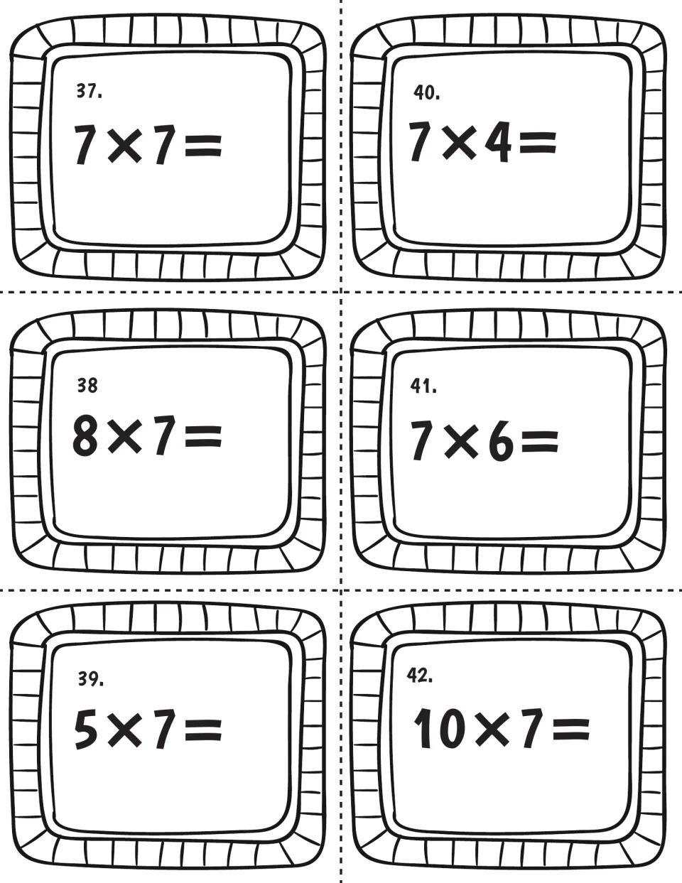 Seven times table task cards 37 to 42: students work out 7×7, 8×7, 5×7, 7×4, 7×6 and 10×7 to build recall