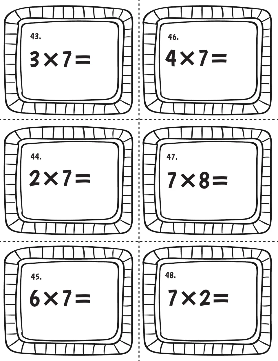 Multiply-by-7 practice, cards 43 to 48: students find the answers to 3×7, 2×7, 6×7, 4×7, 7×8 and 7×2