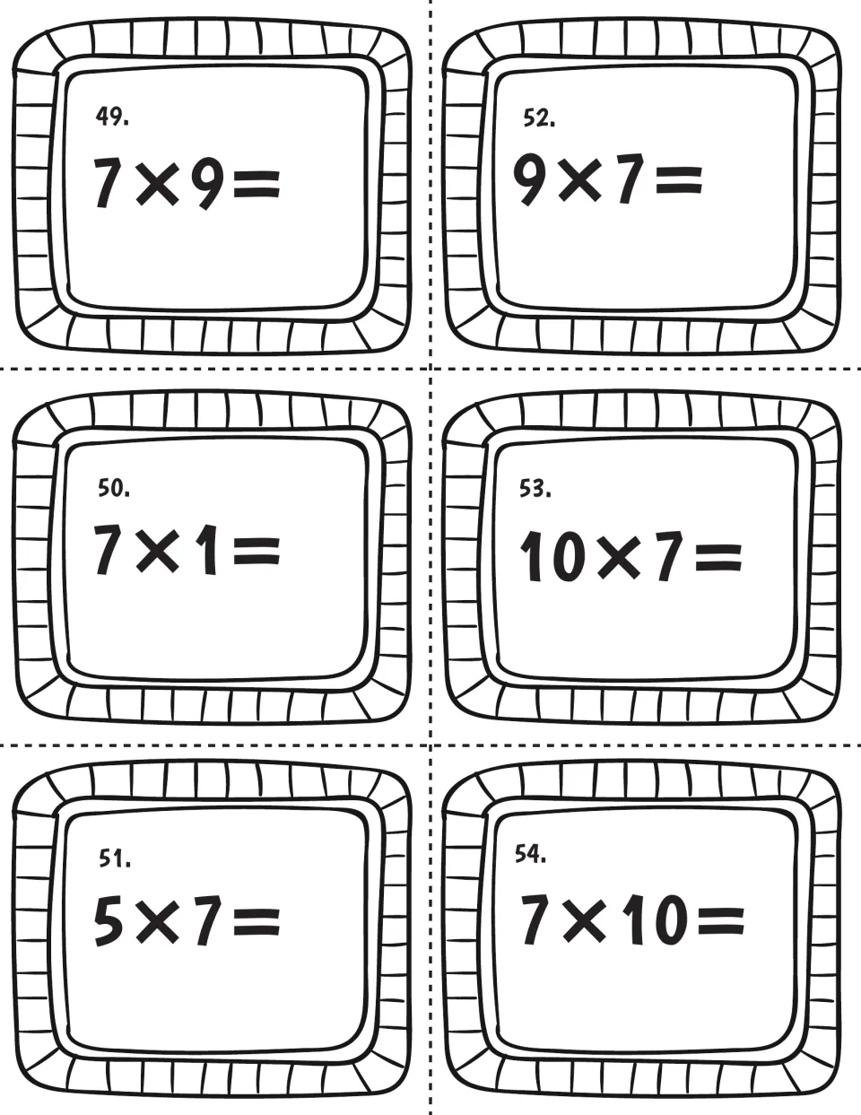 Sevens fact cards 49 to 54 pairing turnarounds: students solve 7×9 and 9×7, 7×1, 5×7, 10×7 and 7×10