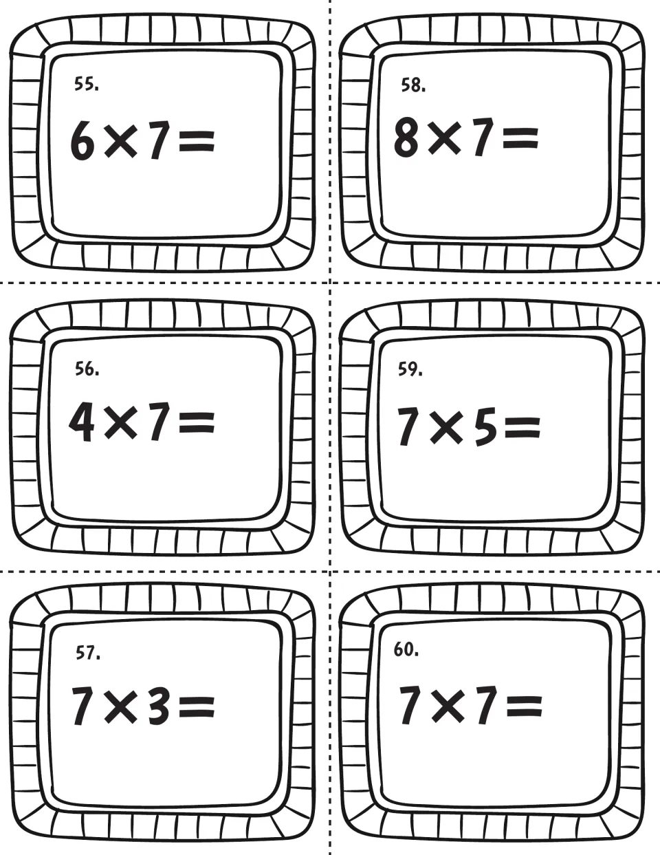 Final multiplication cards 55 to 60 for the sevens: students answer 6×7, 4×7, 7×3, 8×7, 7×5 and 7×7
