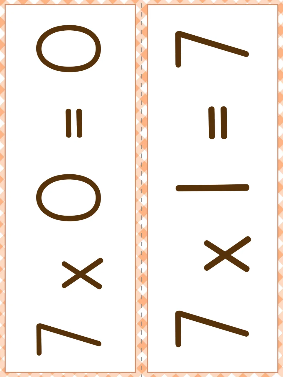 7 times table fact cards: cut-out cards showing 7 x 0 = 0 and 7 x 1 = 7 in large print, printed sideways