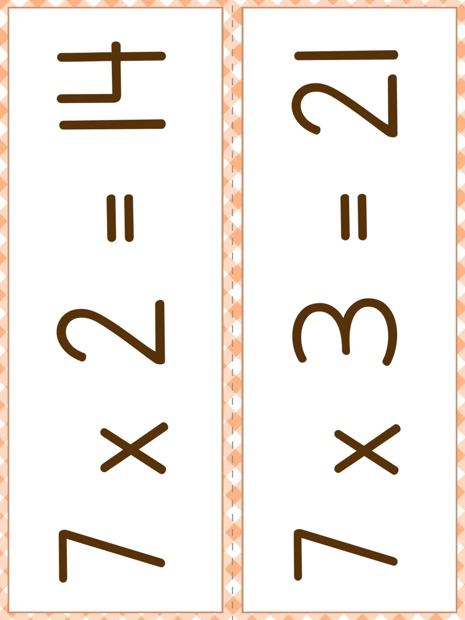 Fact cards for 7 x 2 = 14 and 7 x 3 = 21 in large print, two strips to cut apart along the dashed guide