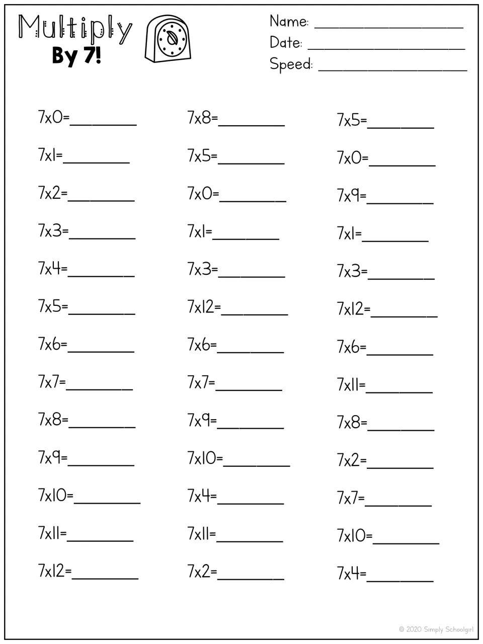 Multiply By 7! speed drill, second version: 39 facts from 7x0 to 7x12 with two differently shuffled mixed sets