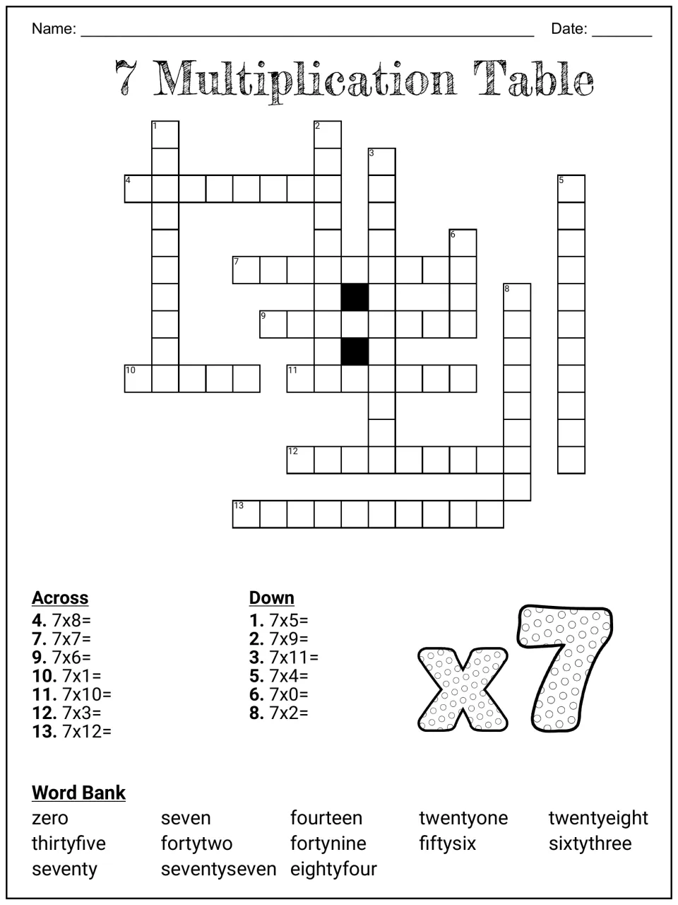 7 Multiplication Table crossword: students solve 13 clues like 7x8 and spell each product in words from a word bank
