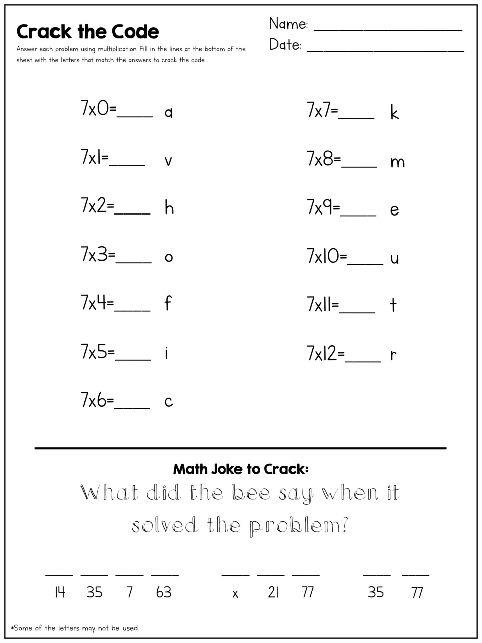 Crack the Code: students solve 7x0 to 7x12, match each product to a letter and decode a math joke about a bee