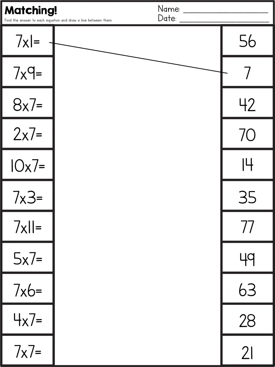 Matching! 7s facts: students draw a line from 11 equations like 8x7 and 10x7 to their products; 7x1 to 7 is modeled