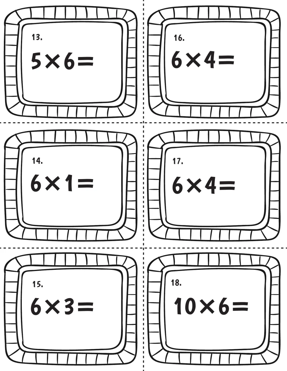 Six times table practice, cards 13-18: students solve 5×6, 6×4, 6×1, 6×4 again, 6×3 and 10×6