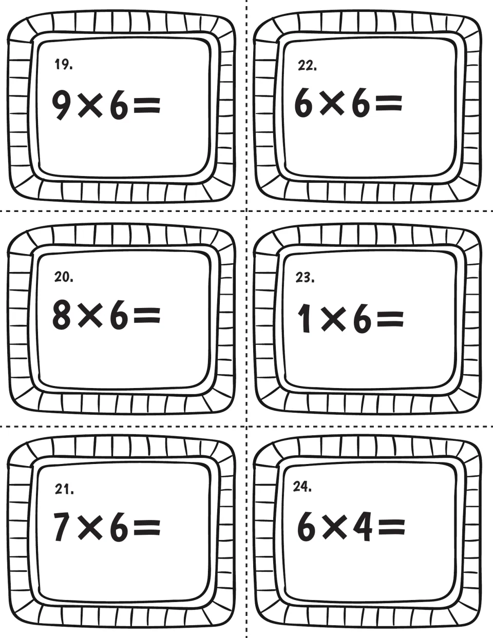 Multiplication facts with 6, cards 19-24: students answer 9×6, 6×6, 8×6, 1×6, 7×6 and 6×4