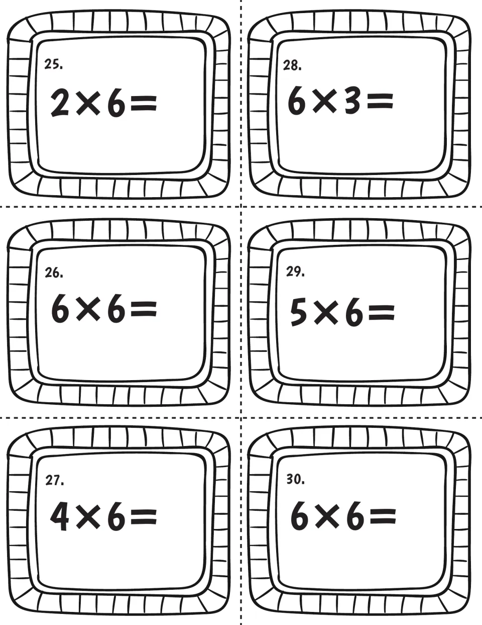 Factor-of-6 equations, cards 25-30: students multiply 2×6, 6×3, 6×6, 5×6, 4×6 and 6×6 to find each product