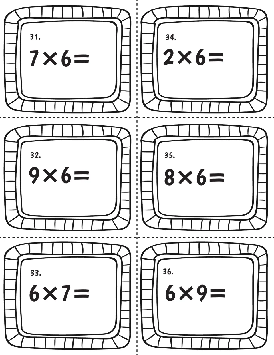 Sixes fact cards 31-36: students solve 7×6, 2×6, 9×6, 8×6, 6×7 and 6×9, pairing turnaround facts