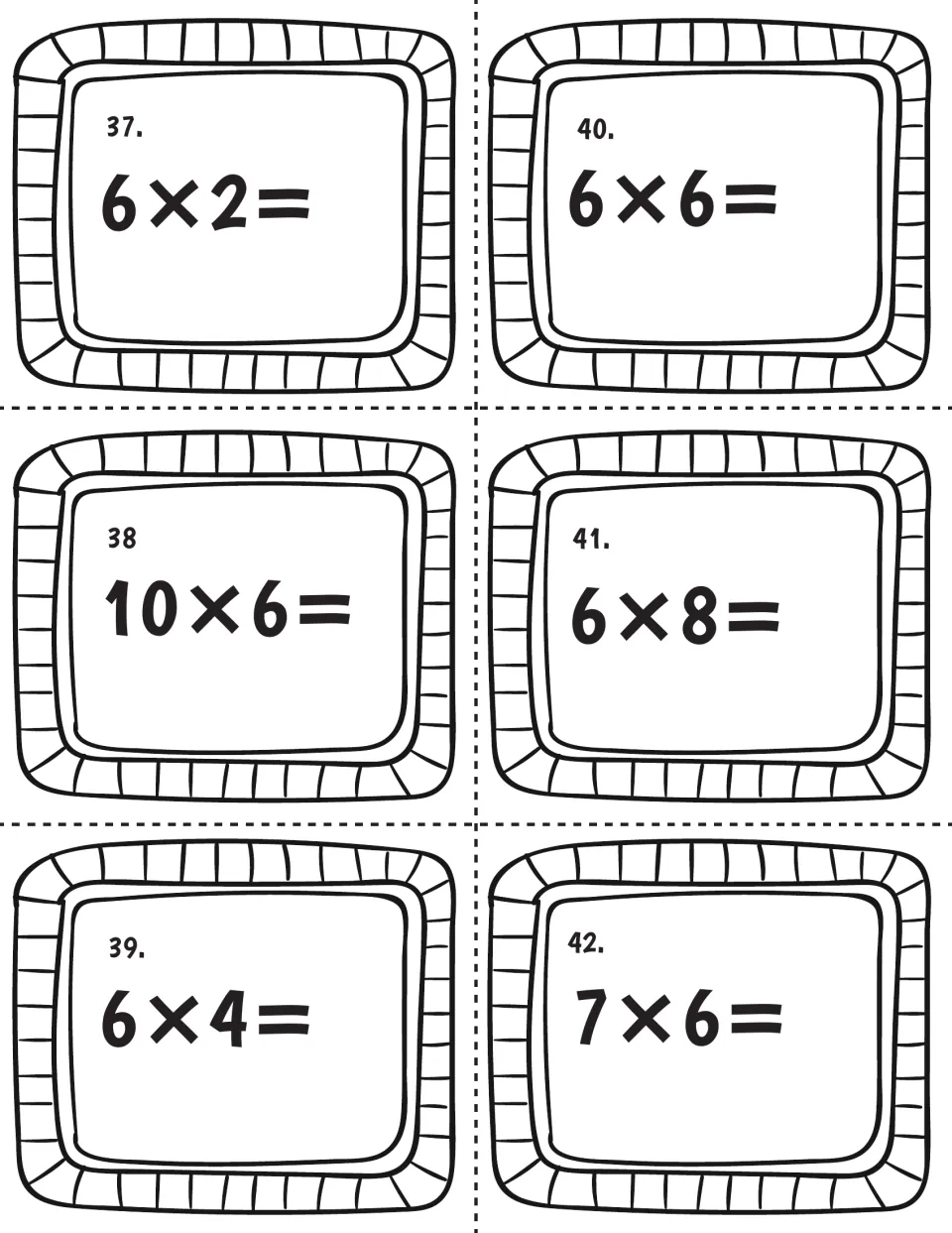Multiply by 6 task cards 37-42: students work out 6×2, 6×6, 10×6, 6×8, 6×4 and 7×6