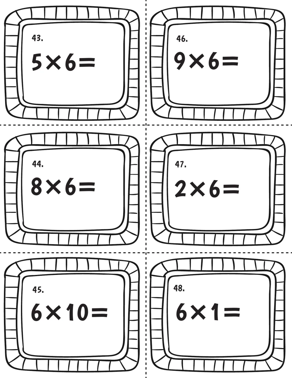 Times-6 multiplication, cards 43-48: students compute 5×6, 9×6, 8×6, 2×6, 6×10 and 6×1
