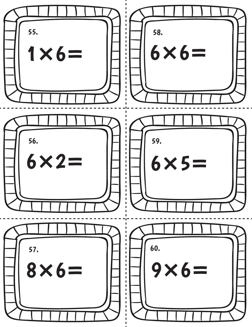 Final times-6 cards 55-60: students find the products of 1×6, 6×6, 6×2, 6×5, 8×6 and 9×6