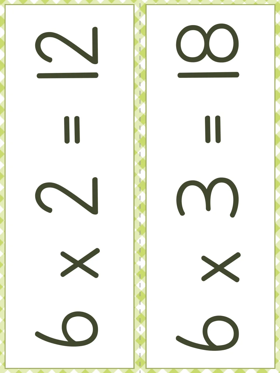 Times-6 fact strips shown sideways: 6 x 2 = 12 and 6 x 3 = 18 in large print, with a dashed line to cut between